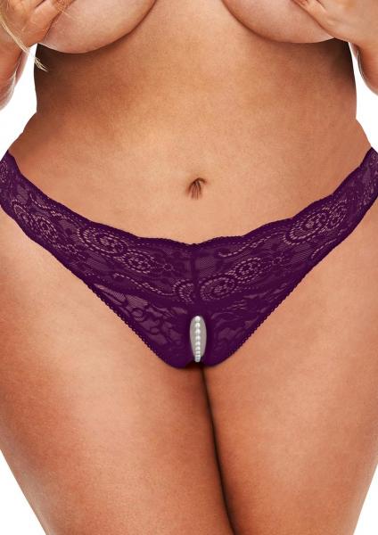 Secret Kisses Lace & Pearl Crotchless Thong - Purple - SP BOUTIQUE