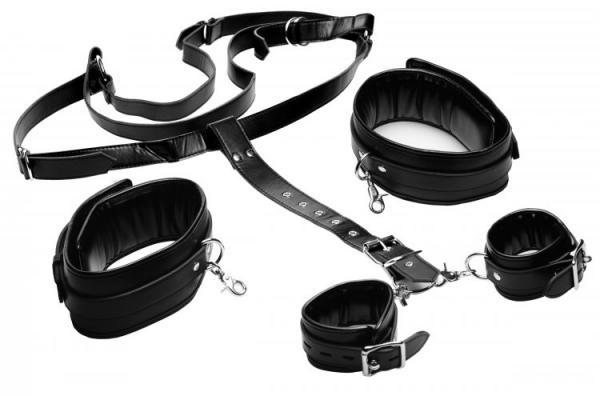Deluxe Thigh Sling With Wrist Cuffs Black Leather - SP BOUTIQUE