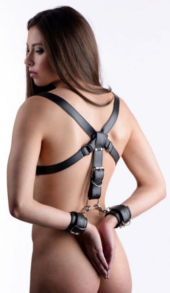Deluxe Thigh Sling With Wrist Cuffs Black Leather - SP BOUTIQUE