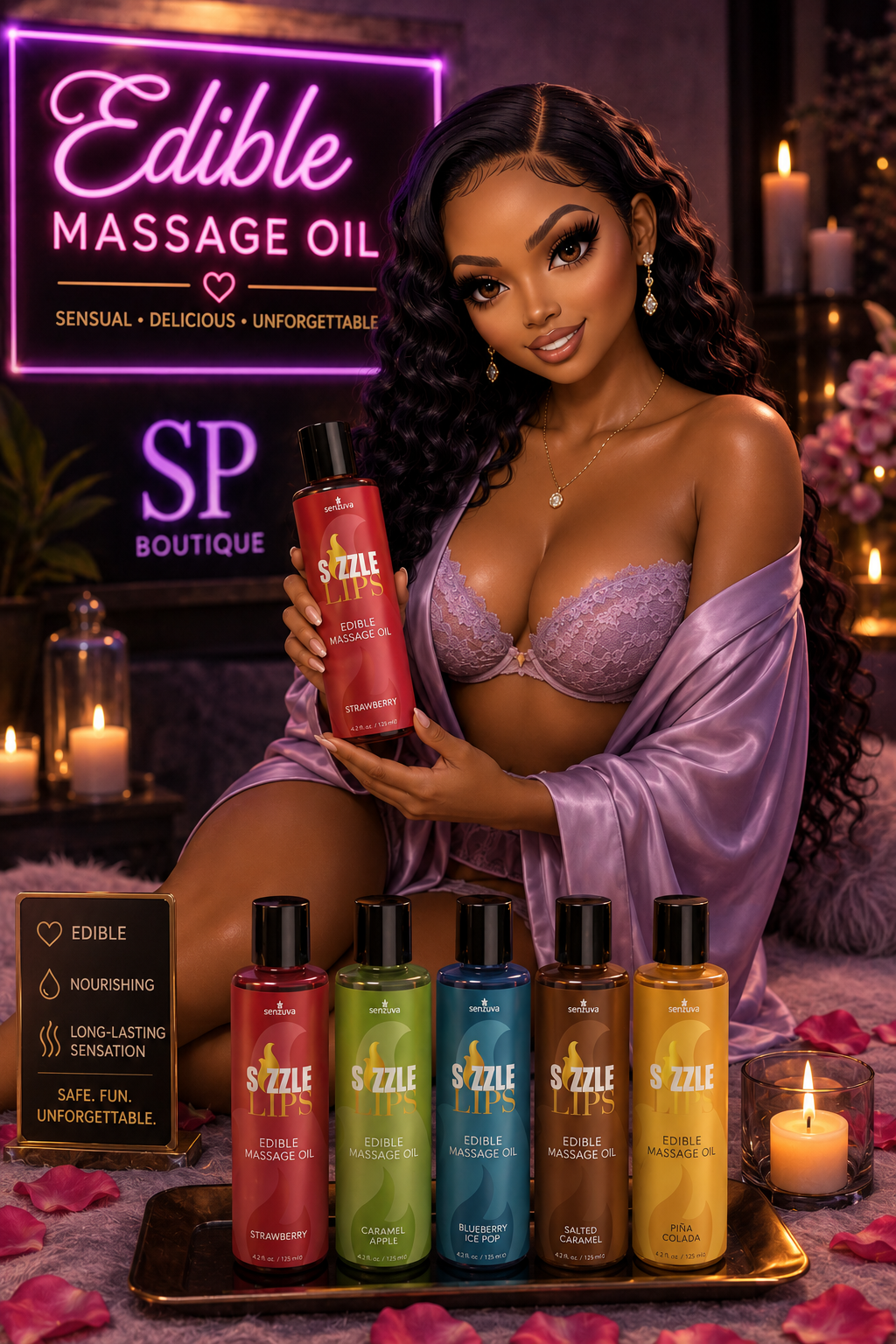 EDIBLE MASSAGE OIL showcasing a collection of tantalizing products including warming gels, throat enhancers, and edible body paint for a deliciously intimate experience.