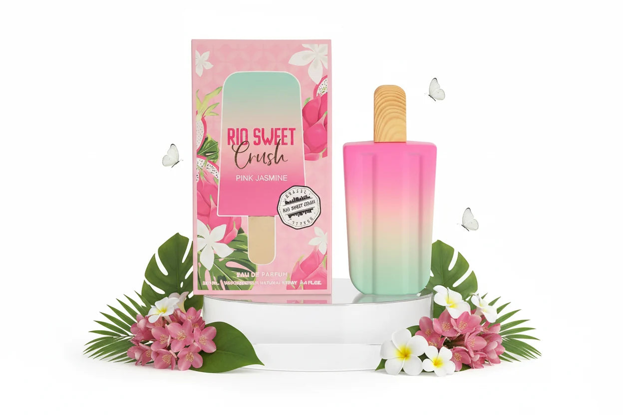 Pink and green gradient perfume bottle with matching packaging featuring floral designs.