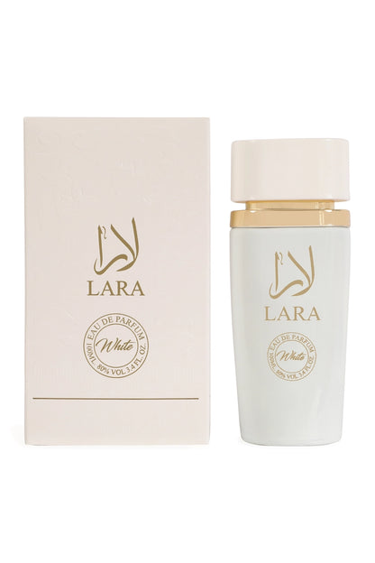 Elegant bottle of Lara White Spray Perfume Eau De Parfum, emphasizing the long-lasting formula and sophisticated aroma that uplifts the modern woman&