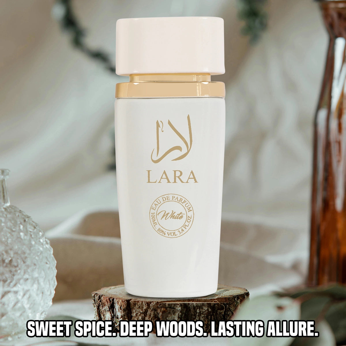 Close-up of Lara White Spray Perfume Eau De Parfum, highlighting the soft floral aroma and luxurious packaging, perfect for gifts or everyday elegance.