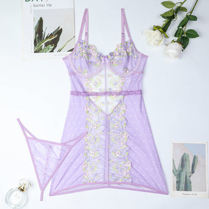 JOY-BS093 – Lavender Floral Embroidered Sheer Babydoll Dress SP BOUTIQUE