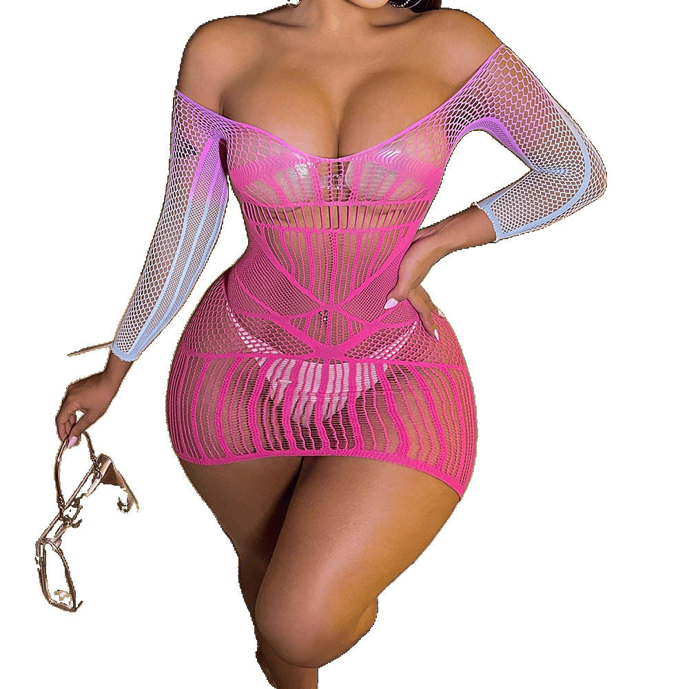 JOY-CCN065 – Pink &amp; White Mesh Cutout Bodycon Dress SP BOUTIQUE