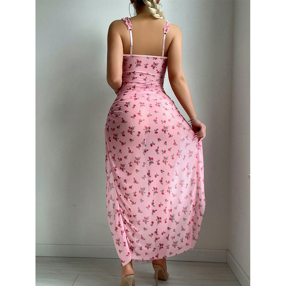 JOY-BS094 – Pink Floral Mesh Split Maxi Dress SP BOUTIQUE