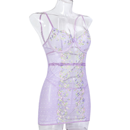 JOY-BS093 – Lavender Floral Embroidered Sheer Babydoll Dress SP BOUTIQUE