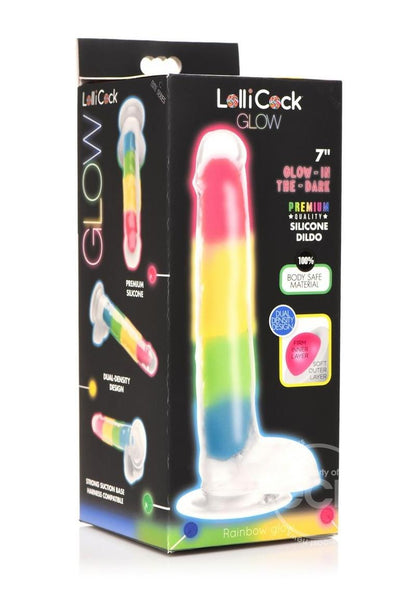 Lollicock Glow in the Dark Rainbow Silicone Dildo with Balls 7in - SP BOUTIQUE