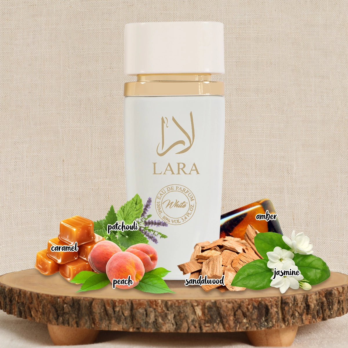 Lara White Spray Perfume Eau De Parfum in a stylish setting, illustrating its refreshing and enchanting scent, ideal for both casual and formal occasions.