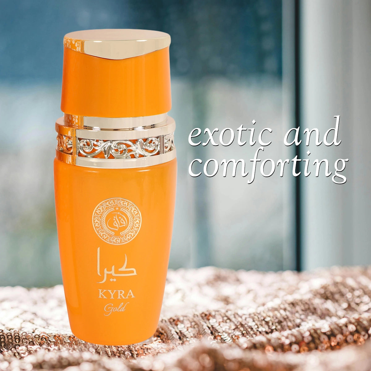 Kyra Gold Perfume For Women 100ml surrounded by tropical fruits and flowers, emphasizing its refreshing ingredients.