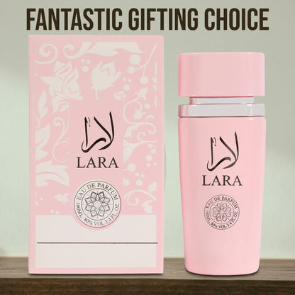 Lara Pink Spray Perfume Eau De Parfum for Women in a stylish bottle showcasing its floral and fruity aroma.
