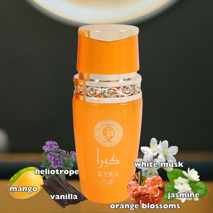 Kyra Gold Perfume For Women 100ml being sprayed, illustrating the captivating fragrance experience and luxurious feel.