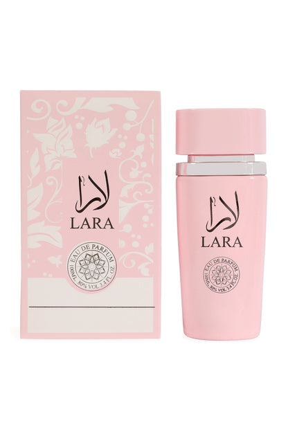 Elegant packaging of Lara Pink Spray Perfume Eau De Parfum for Women, highlighting its sophistication and modern design.