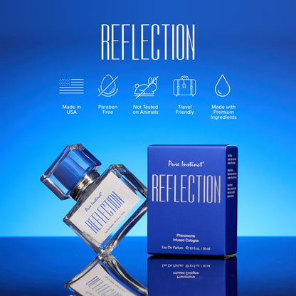 Pure Instinct Reflection pheromone cologne for men, featuring a harmonious blend of vibrant citrus, exotic spices, and deep woods, inspired by Creed Aventus, designed to enhance confidence and charm.