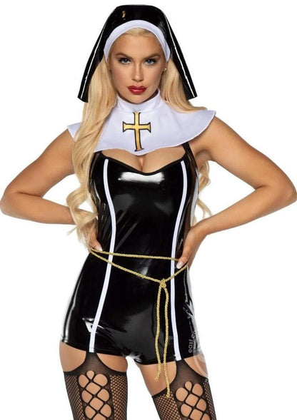 Leg Avenue Sinful Sister Vinyl Romper, Rope Belt, Collar, and Nun Habit (4 Piece) LEG AVENUE