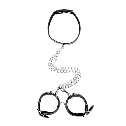 Ouch! Black &amp; White Adjustable Bonded Leather Collar With Hand Cuffs &amp; Chain Black