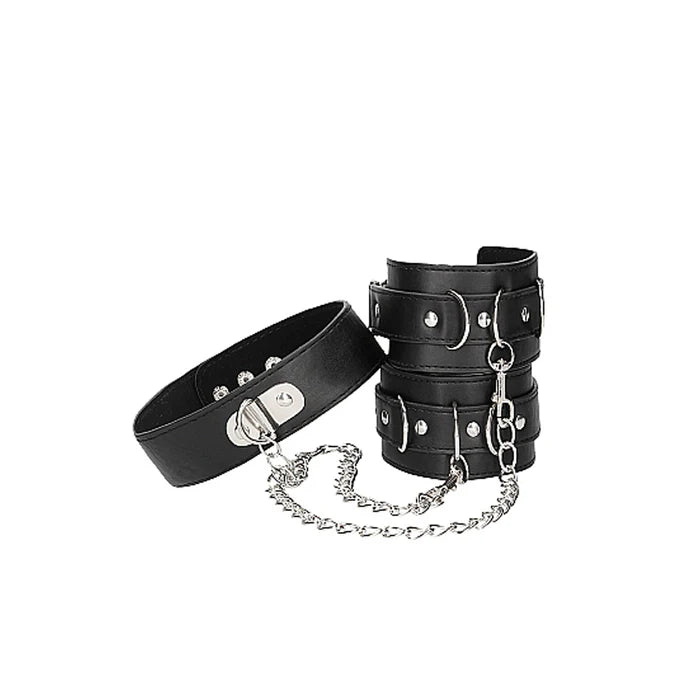 Ouch! Black &amp; White Adjustable Bonded Leather Collar With Hand Cuffs &amp; Chain Black