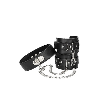 Ouch! Black &amp; White Adjustable Bonded Leather Collar With Hand Cuffs &amp; Chain Black