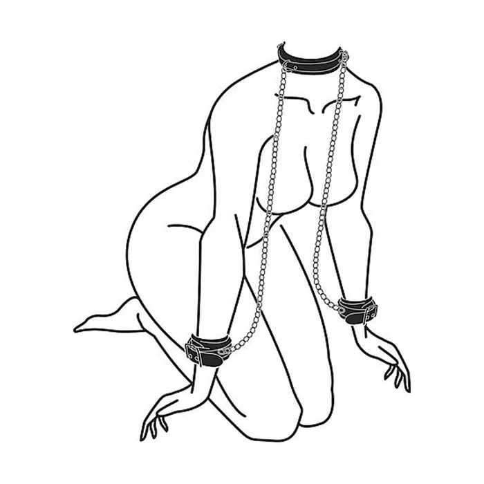 Ouch! Black &amp; White Adjustable Bonded Leather Collar With Hand Cuffs &amp; Chain Black