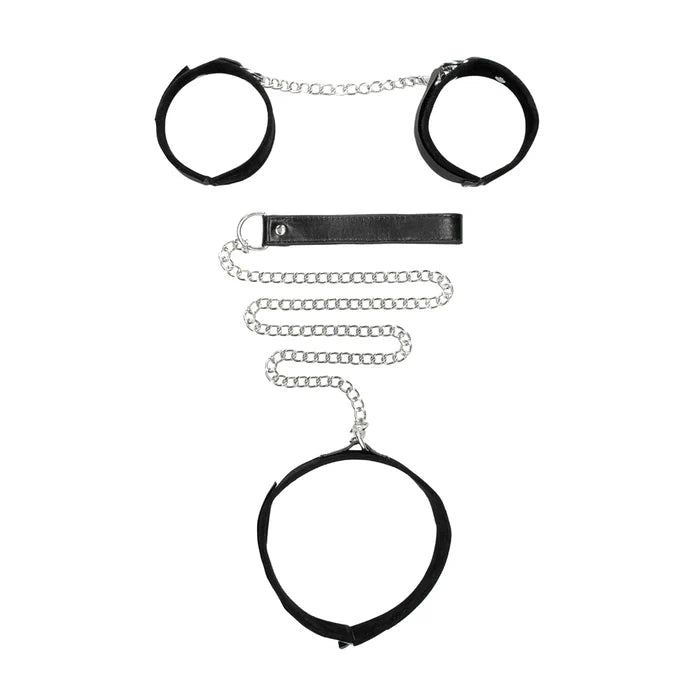 Ouch! Black &amp; White Adjustable Velcro Collar With Leash &amp; Wrist Cuffs Black