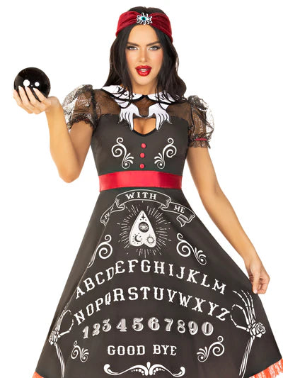 Spooky Board Beauty Costume featuring a deluxe cotton swing dress and headband, perfect ouija board costume for Halloween.