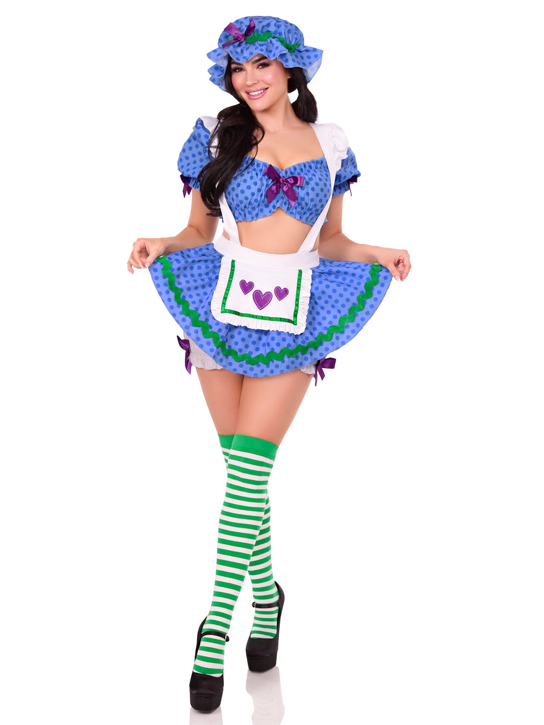3 PC Blueberry Babe Costume featuring a playful polka-dot crop top, suspender skirt with attached bloomers, and a charming bonnet, perfect for costume parties and dress-up occasions.