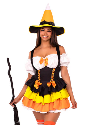 2 PC Candy Corn Witch Costume featuring a tiered skirt and lace-up waist, perfect for Halloween.