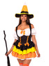2 PC Candy Corn Witch Costume featuring a tiered skirt and lace-up waist, perfect for Halloween.