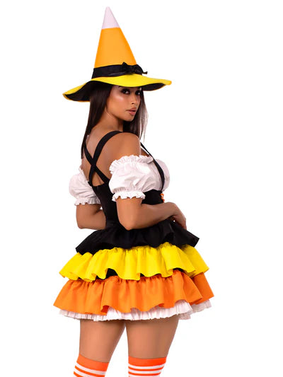 Showcasing the stylish 2 PC Candy Corn Witch Costume hat, a must-have accessory for your spooky ensemble.