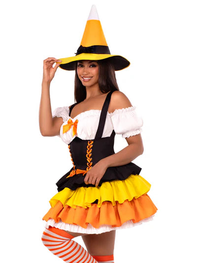 Complete look of the 2 PC Candy Corn Witch Costume with a whimsical design ideal for Halloween parties.