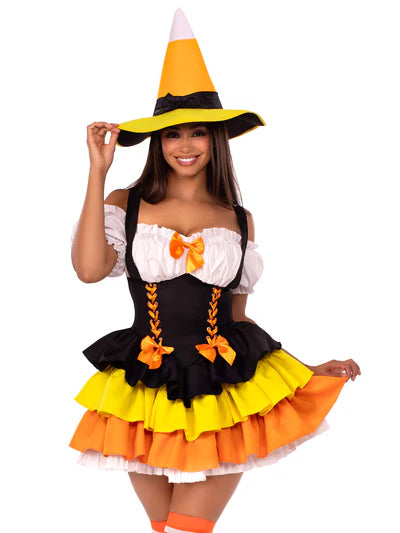 Detailed view of the 2 PC Candy Corn Witch Costume highlighting the vibrant colors of the candy corn theme.