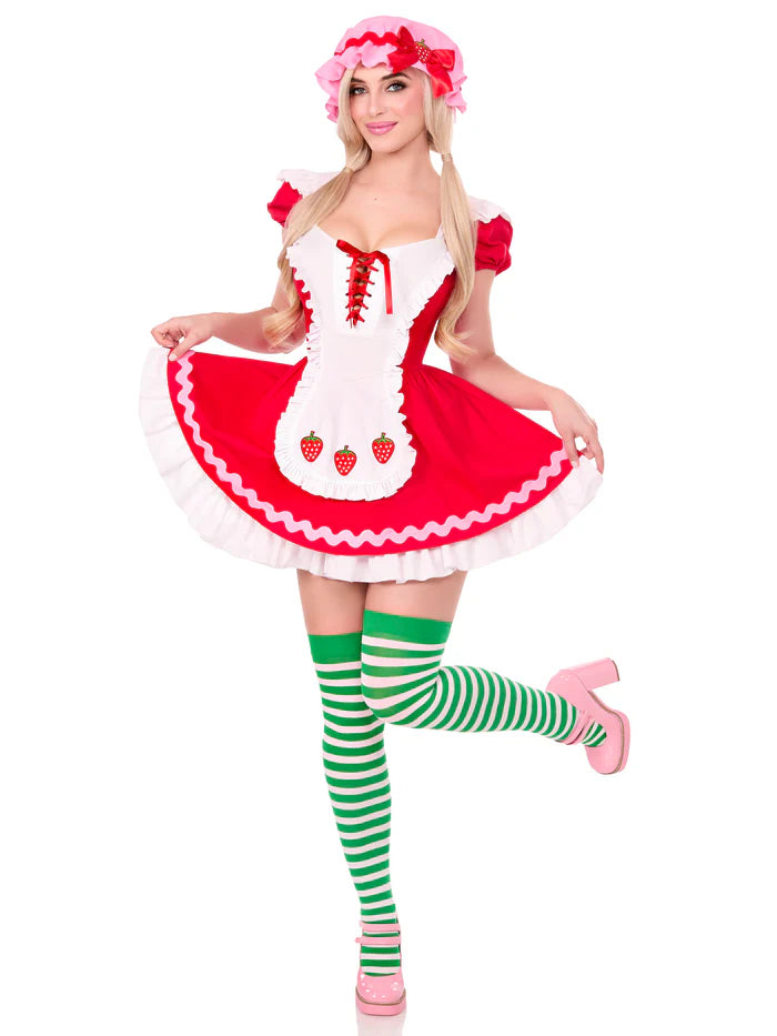 3 PC Berry Cutie Costume featuring an apron dress with lace-up front and berry accents.