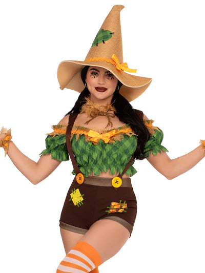 Model showcasing the Scarecrow Sweetie Costume, a sexy scarecrow outfit featuring a patch-accented crop top and suspender shorts, perfect for Halloween parties.