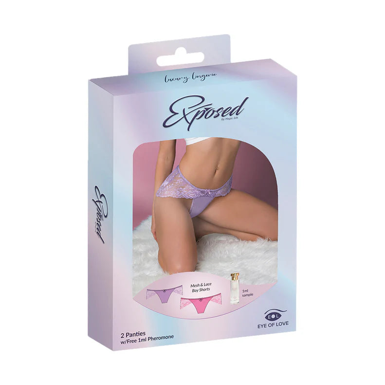 Magic Silk Pheromone Panties Mesh &amp; Lace Boy Short 2-Pack Lilac/Rose EXPOSED