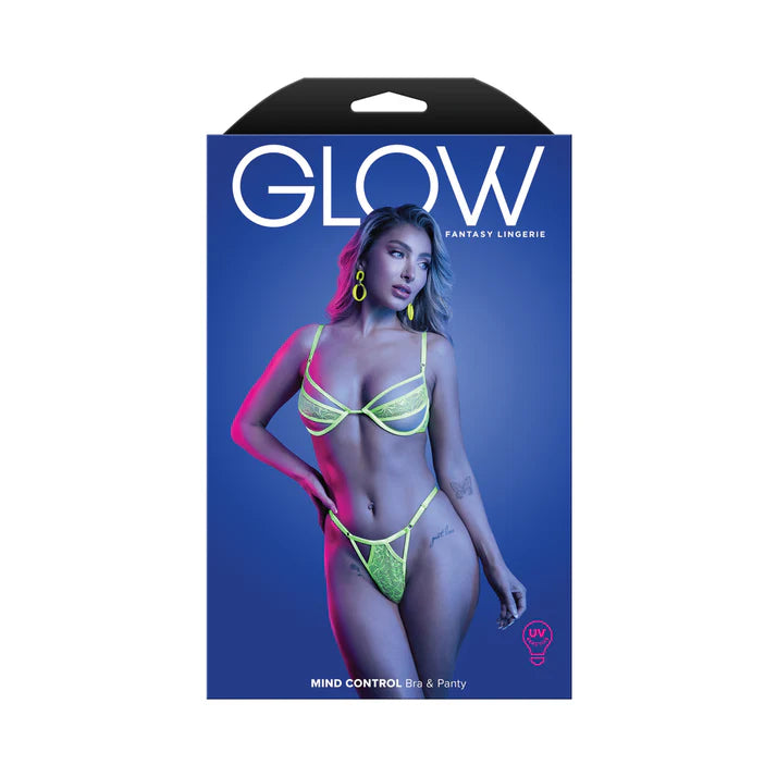 Fantasy Lingerie Glow Mind Control UV Reactive Paneled Underwire Bra showcasing intricate lace and mesh design for a seductive look.
