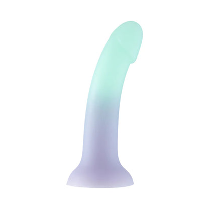 The Adam &amp; Eve Ombre Curve Liquid Silicone Dildo displayed with suction cup base, highlighting its hands-free capabilities and versatility as an ombre curve dildo.