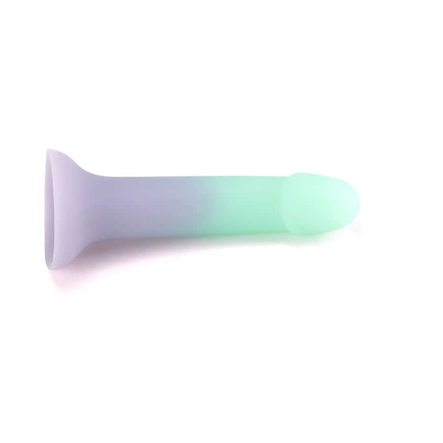 Lifestyle image of the Adam &amp; Eve Ombre Curve Liquid Silicone Dildo in use, capturing the intimate pleasure and aesthetic appeal of this ombre curve dildo.