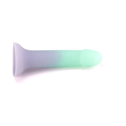Lifestyle image of the Adam &amp; Eve Ombre Curve Liquid Silicone Dildo in use, capturing the intimate pleasure and aesthetic appeal of this ombre curve dildo.