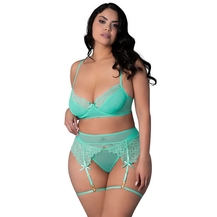 Magic Silk Caribbean Crush Demi Bra &amp; Thong with Garter Set Aqua Glow EXPOSED