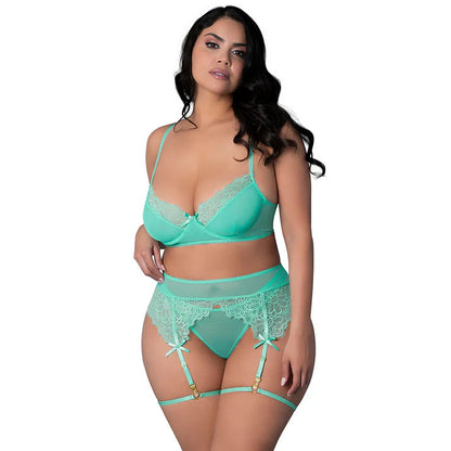 Magic Silk Caribbean Crush Demi Bra &amp; Thong with Garter Set Aqua Glow EXPOSED