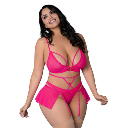 Magic Silk Pink Kink Bralette, High Leg Panty &amp; Garter Skirt Set Pink Glow EXPOSED