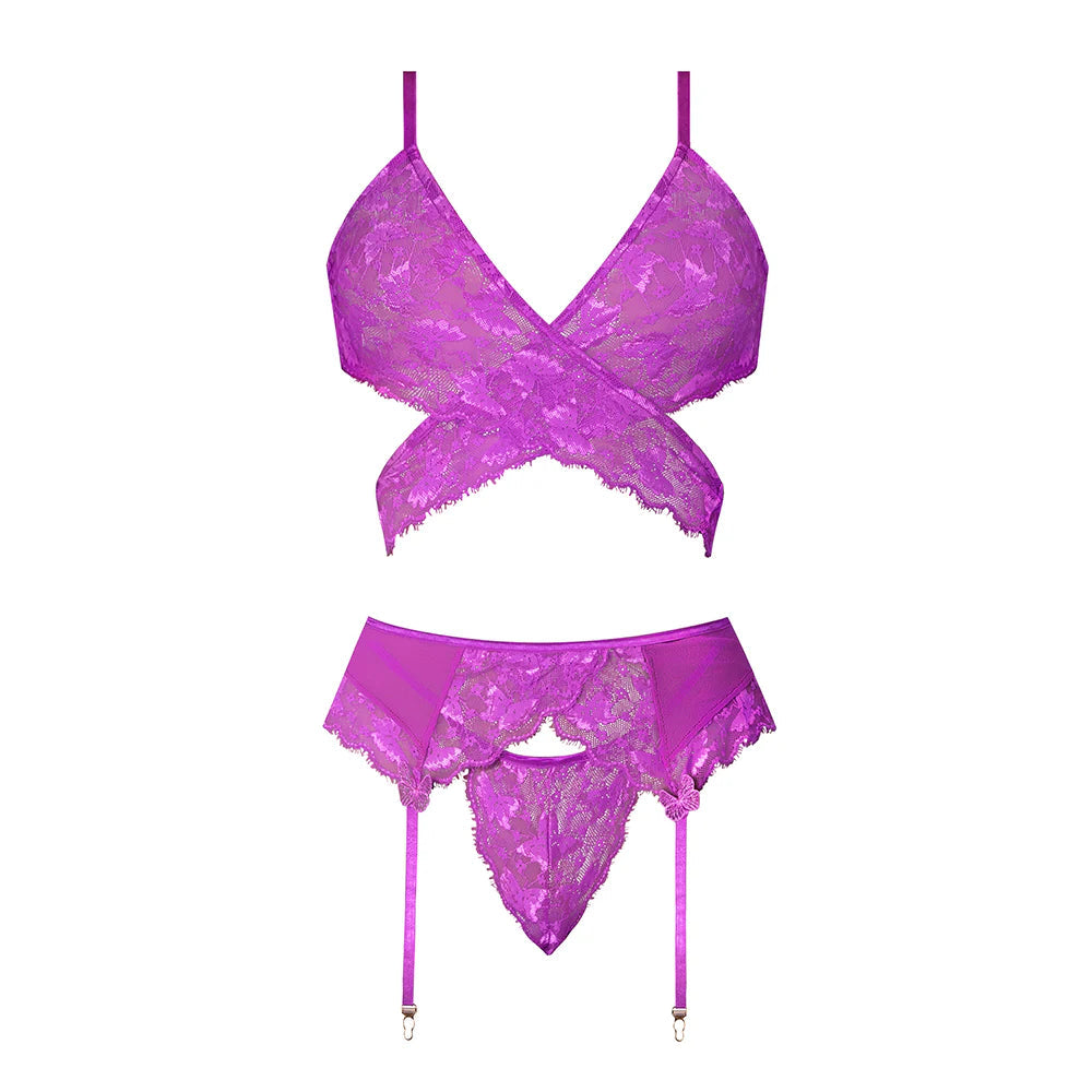 Magic Silk Butterfly Fantasies Bra, Garter &amp; Thong Set Neon Purple EXPOSED