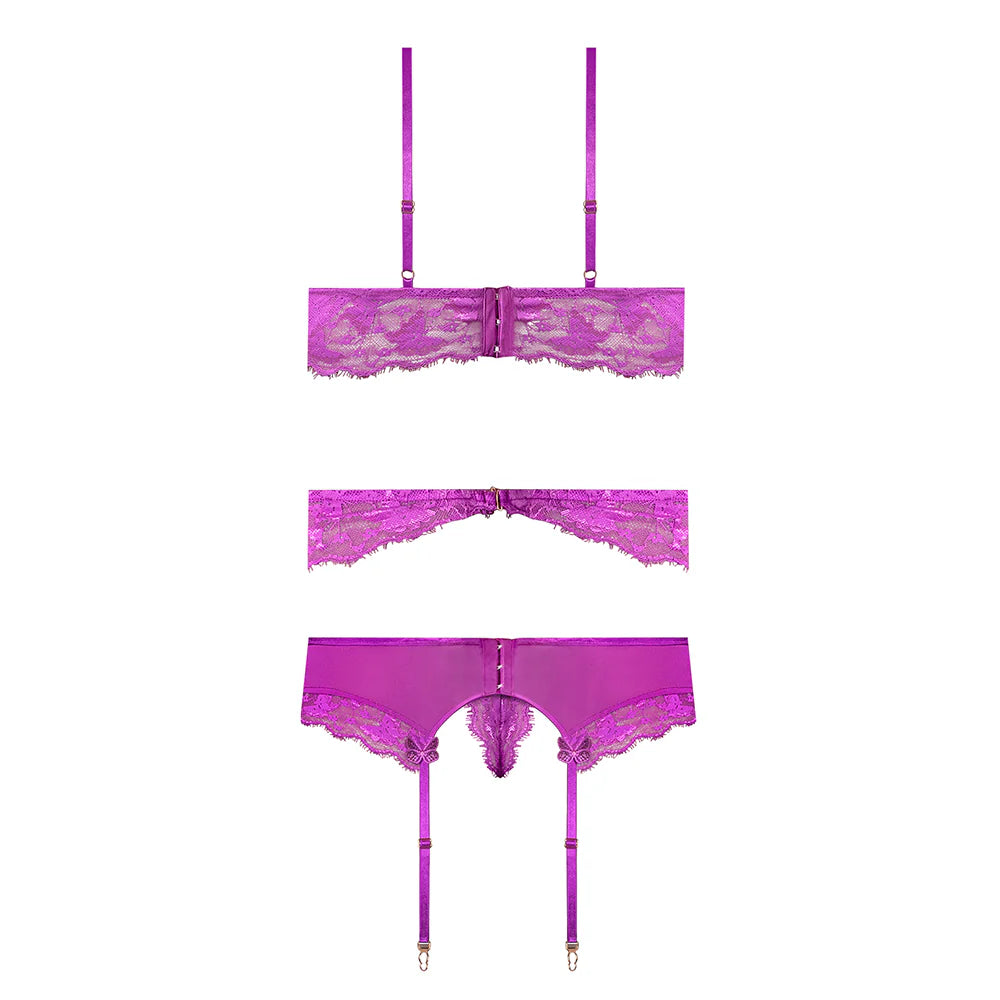 Magic Silk Butterfly Fantasies Bra, Garter &amp; Thong Set Neon Purple EXPOSED