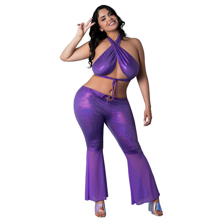 Magic Silk Glimmer Wrap Halter &amp; Flair Pant Set Purple Disco EXPOSED