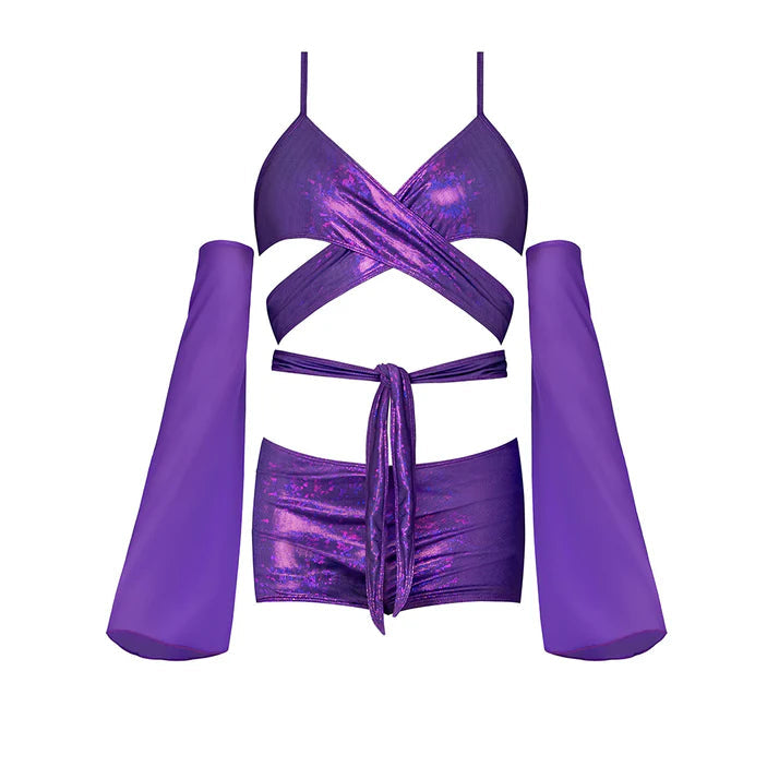 Magic Silk Glimmer Wrap Bralette, Booty Shorts &amp; Sleeve Set Purple Disco EXPOSED