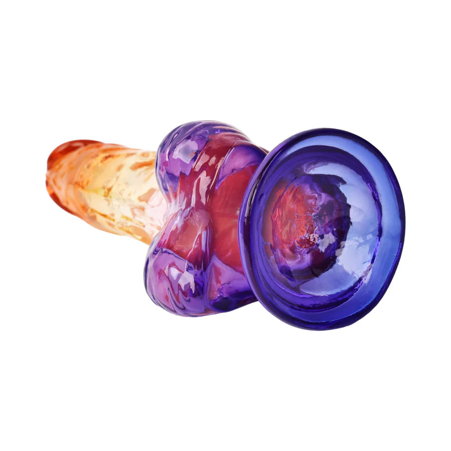 Adam &amp; Eve Sunrise Dreams Realistic Dildo alongside suggested lubes; enhance your experience with this colorful realistic dildo.