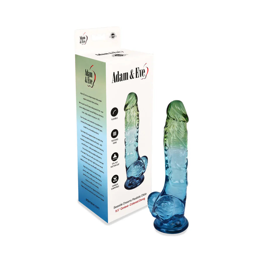 Adam &amp; Eve Seaside Dreams Realistic Dildo 9.5 in displayed against a backdrop, emphasizing its realistic design and waterproof feature.