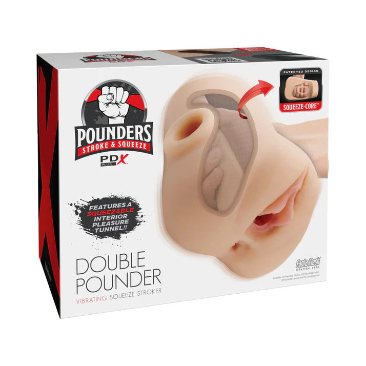 PDX Plus Double Pounder Vibrating Squeeze Stroker showcasing its realistic Fanta Flesh material and intricate design for enhanced pleasure.