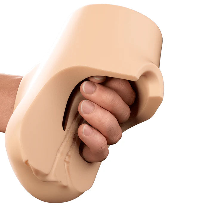 Features of the PDX Plus Double Pounder Vibrating Squeeze Stroker including the included rechargeable bullet and 10 vibration modes for intensified sensations.