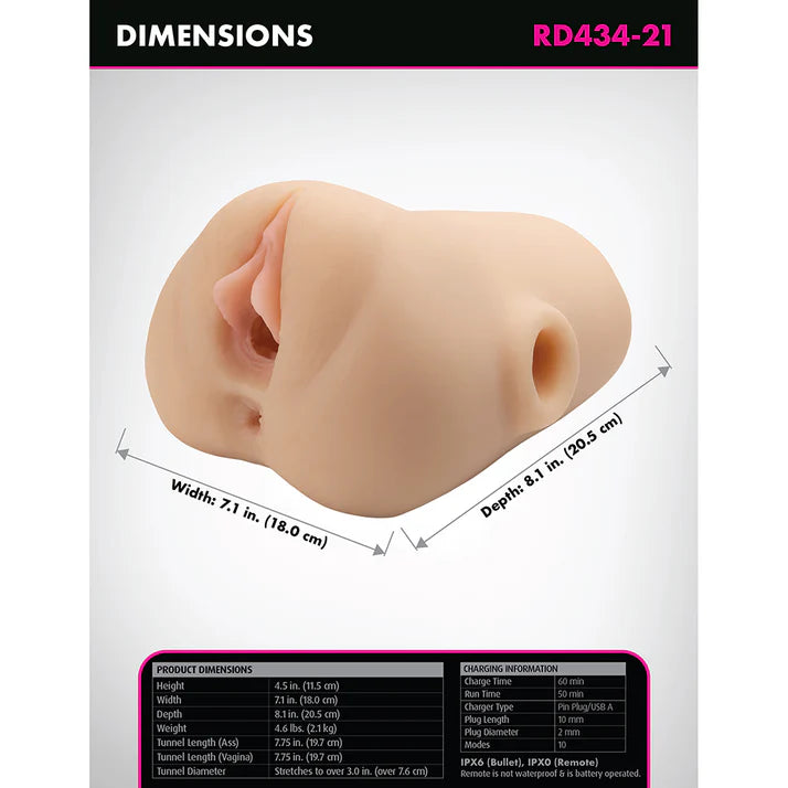 Dimensions and specifications of the PDX Plus Double Pounder Vibrating Squeeze Stroker emphasizing its realistic size and ergonomic design.